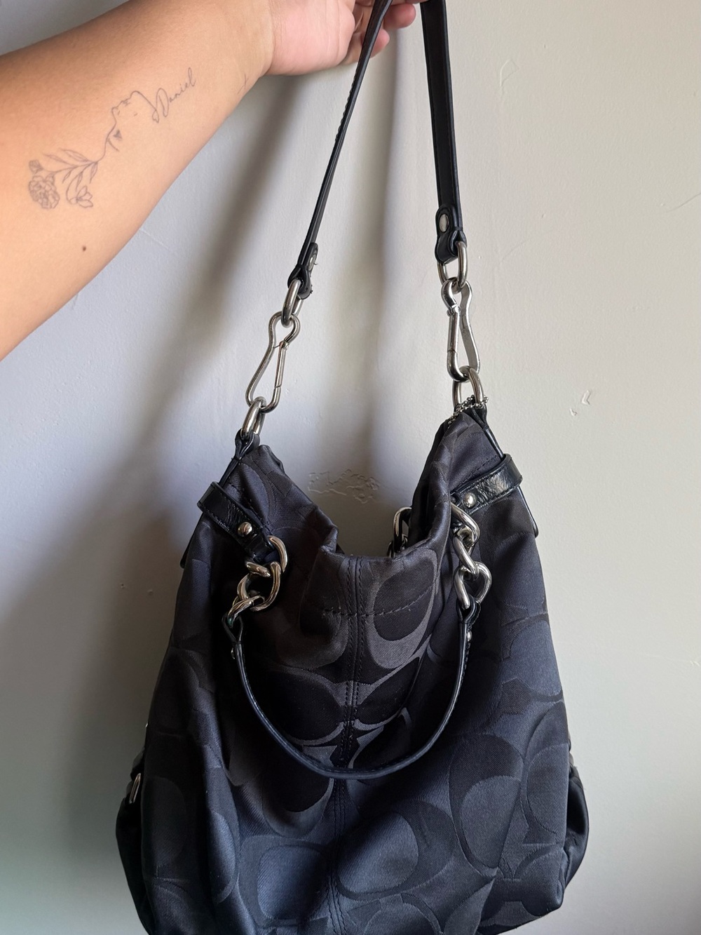 Coach Black Signature Jacquard Hobo with Silver Hardware